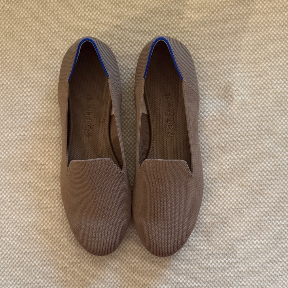 Rothy's Taupe Slip-On Flats with Blue Trim